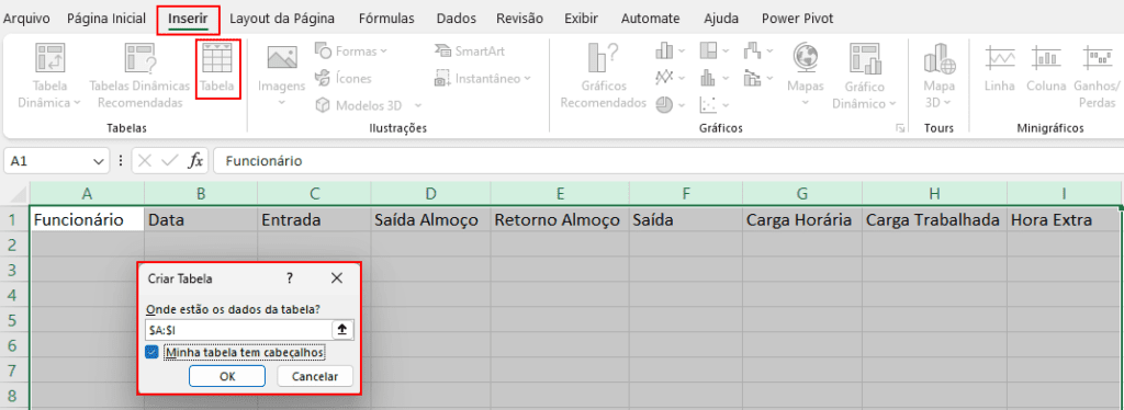 Planilha de Horas Trabalhadas Excel – Planilha Automática 2 Transformando em tabela