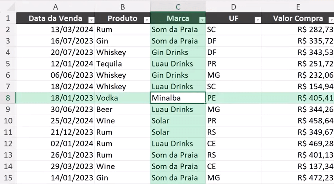 Planilha do Excel com a funcionalidade Focus Cell Ativada. Com ela a coluna e a linha ficam coloridas dando destaque para a célula selecionada