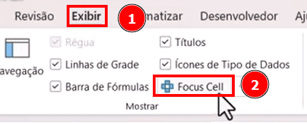 Tela do Excel 365 com foco para a guia Exibir e a ferramenta Focus Cell