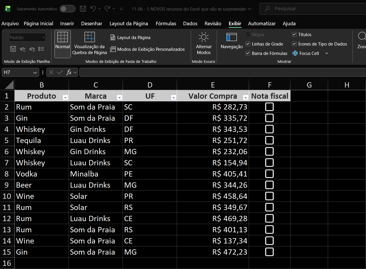 Tela do Excel no modo dark