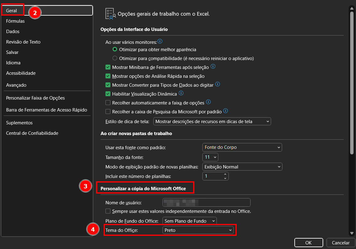 Tela de configurações gerais do Excel com destaque para o Tema do office