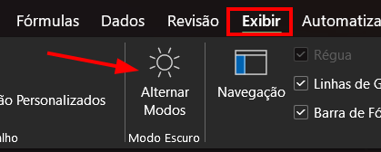 Tela do Excel 365 com destaque para a guia de Exibir e Alternar Modos