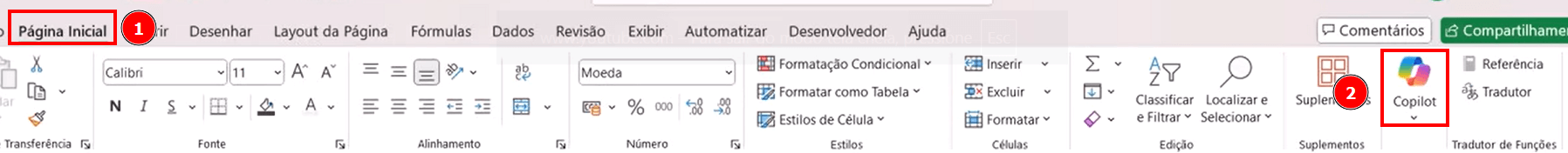Tela do Excel 365 com destaque para a guia Página Inicial e o recurso Copilot