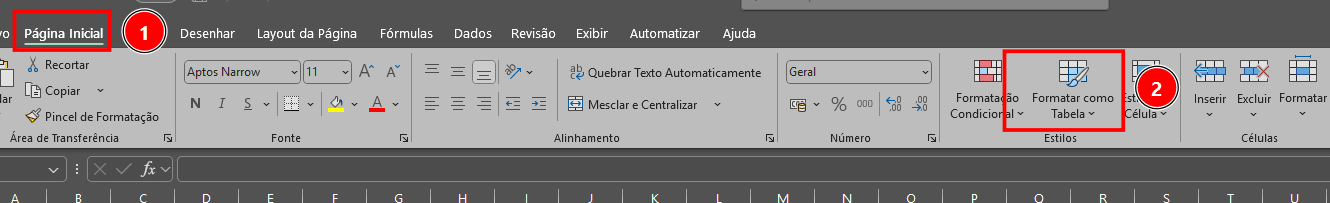 Tela do Excel com a aba Página inicial em destaque e a opção Formatar como Tabela também em destaque