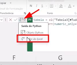 ![Imagem. Tela do Excel com o botão Saída do Python e a opção Valor do Excel em destaque]