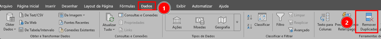 Tela do Excel com a aba Dados em destaque e a opção Remover Duplicatas também em destaque