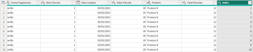 Tabela com a coluna Indice