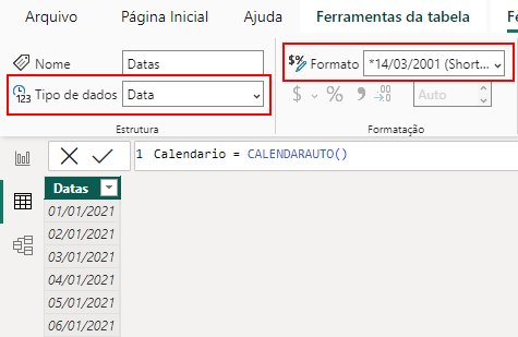 Tabela Calendário