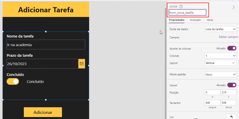 editar o nome de Form1 para form_nova_tarefa