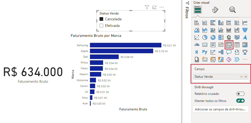 Filtrando o gráfico e o cartão com segmentação de dados