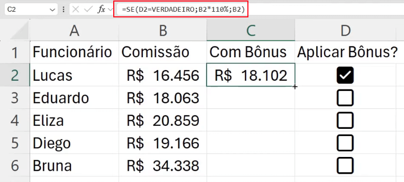 Aplicando a fórmula SE com Checkbox