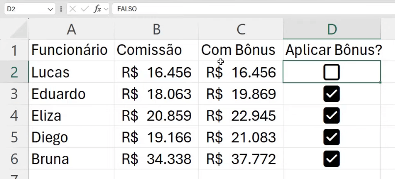 Resultado da fórmula SE com Checkbox