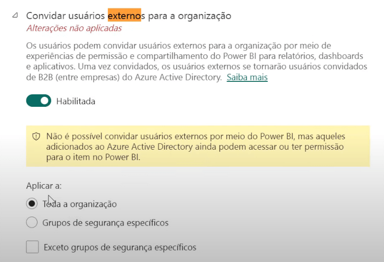 Habilitar "Convidar usuários externos para a organização"