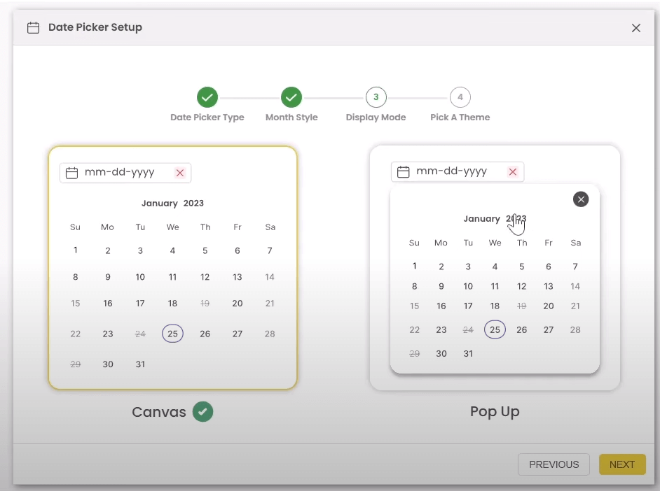 configurações do date picker