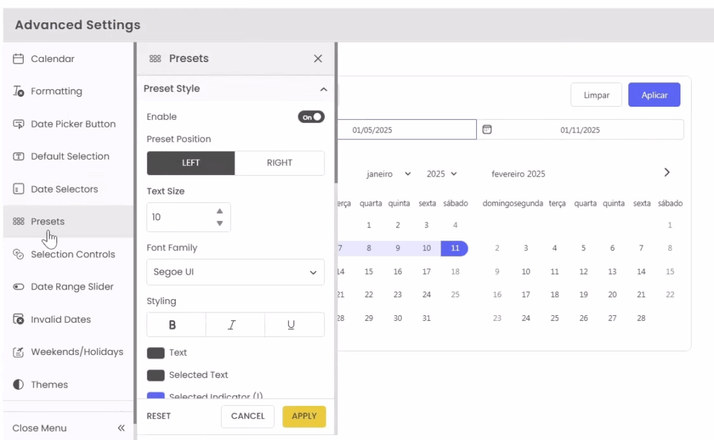 configurações avançadas do date picker