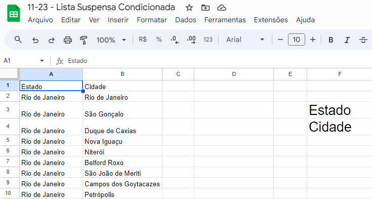 Lista Suspensa Condicionada no Google Planilhas 4 Planilha carregada
