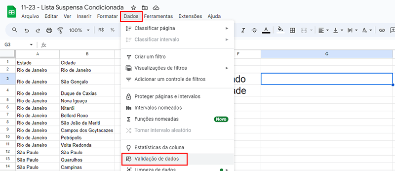 Lista Suspensa Condicionada no Google Planilhas 5 Validação de dados no Google Planilhas