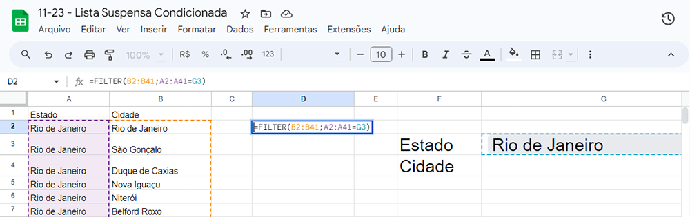 Lista Suspensa Condicionada no Google Planilhas 8 Fórmula Filter