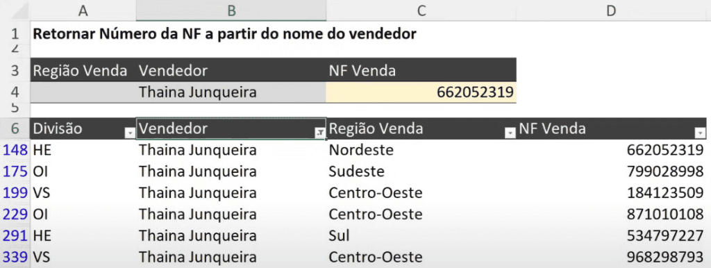 PROCX Com Mais de uma Condição no Excel – Truque Avançado 4 Todas as vezes que a vendedora Thaina aparece na tabela