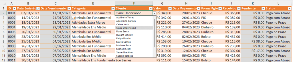 Validação de Dados das colunas Categoria e Cliente