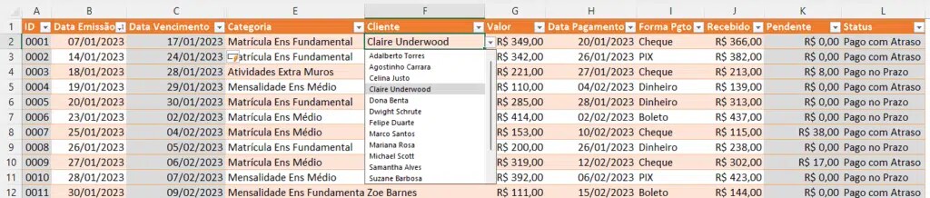 Planilha de contas a receber por categoria