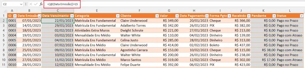 Planilha de contas a receber