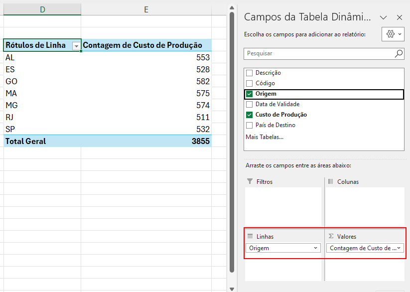 Criando tabela dinâmica Origem