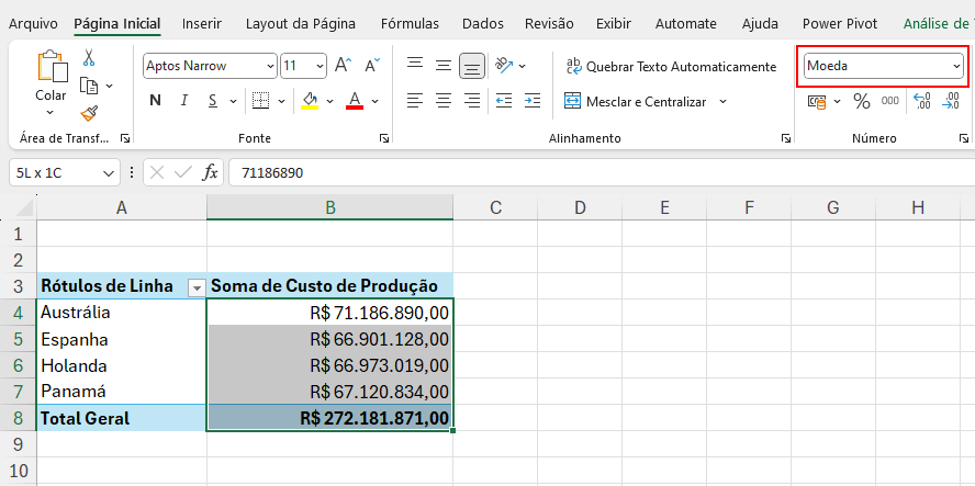 Formatando tabela dinâmica com moeda