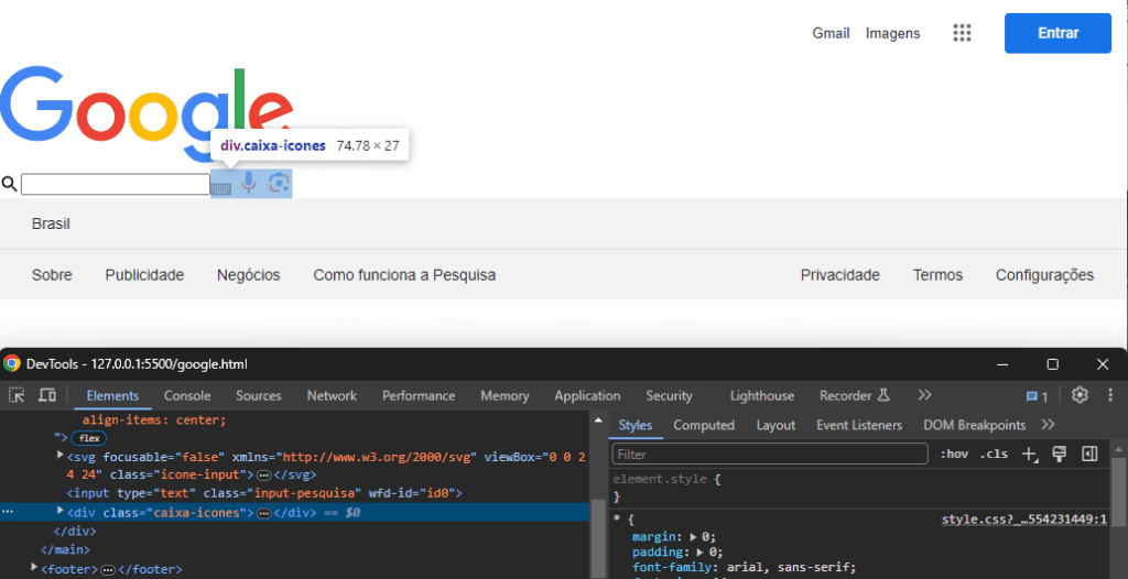 Curso de Introdução ao HTML e CSS – Criando Página do Google 84 div com a classe caixa-icones