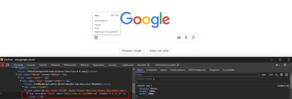 Curso de Introdução ao HTML e CSS – Criando Página do Google 75 Inspecionando o elemento