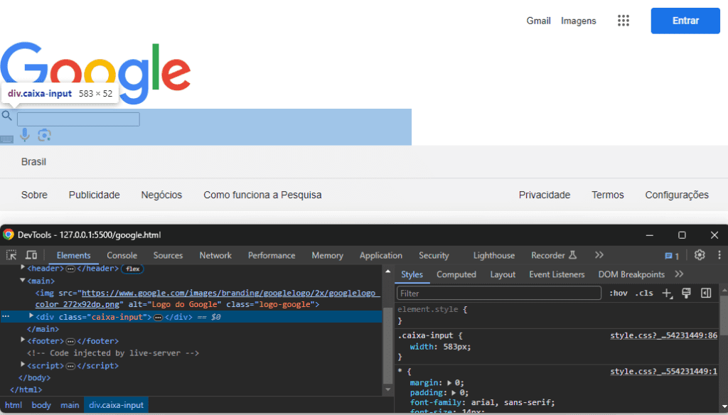 Curso de Introdução ao HTML e CSS – Criando Página do Google 80 Selecionando a caixa de pesquisa