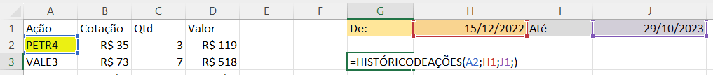 HISTÓRICODEAÇÕES no Excel