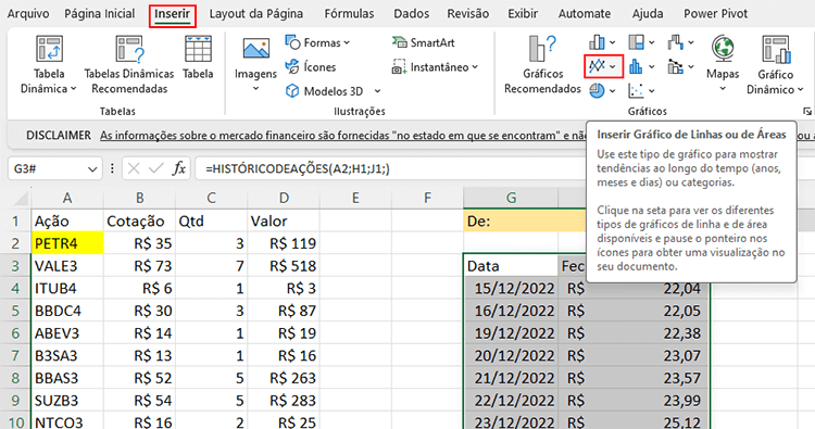 Trabalhar com Finanças no Excel – 3 Ferramentas Diferentes 17 Inserir gráfico de linha