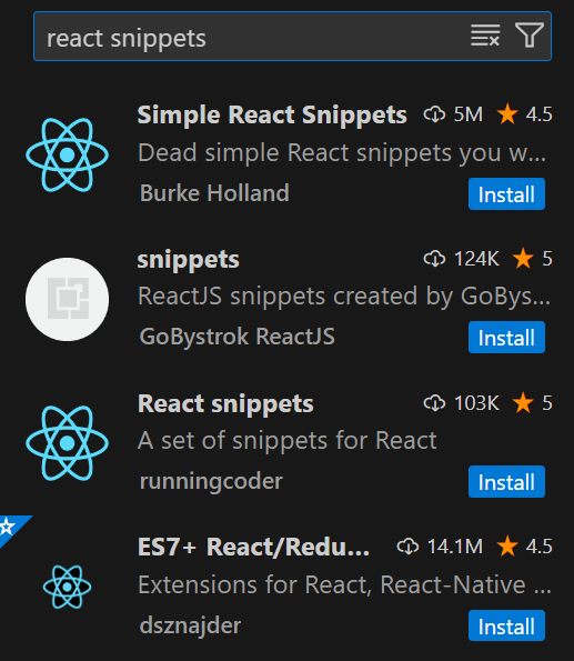 Marketplace do VS Code após pesquisar por react snippets