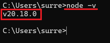 No prompt de comando, após digitar node -v, a versão do Node.js sendo mostrada