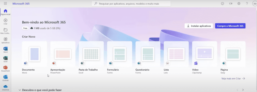 página online do pacote Microsoft 365