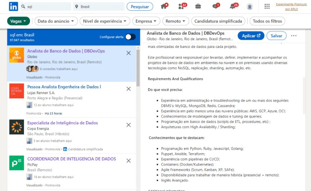 Busca por SQL no LinkedIn