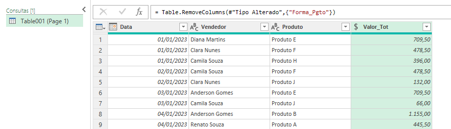 Tabela sem a coluna