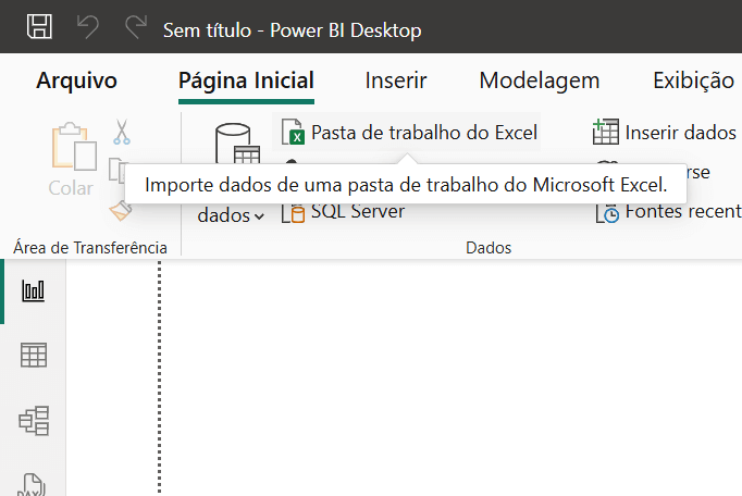 Menu superior do Power BI com a opção de adicionar pasta de trabalho do excel em destaque