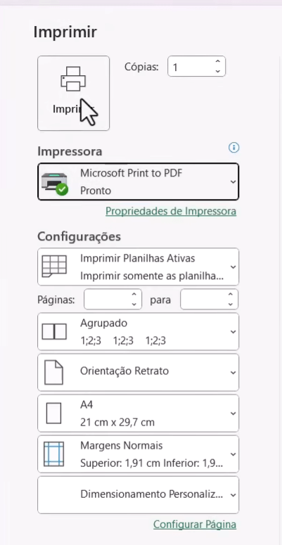 Tela de impressão do Excel, com "Microsoft Print to PDF" selecionado, ao lado do PDF final.
