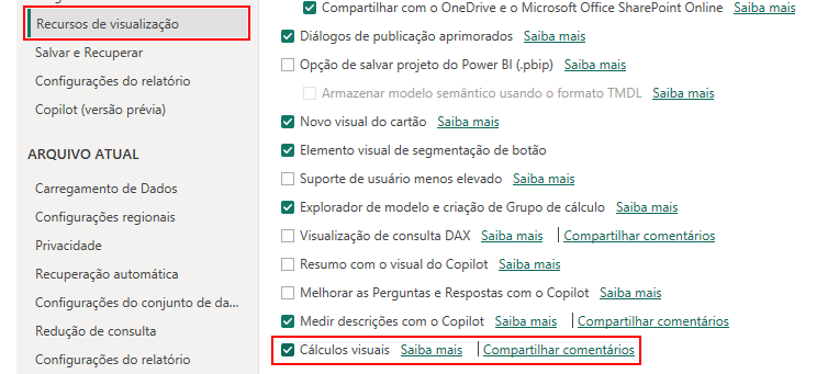 Ativando os cálculos visuais