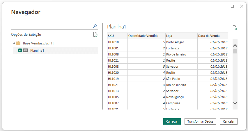 Selecionando a planilha pro Power Query