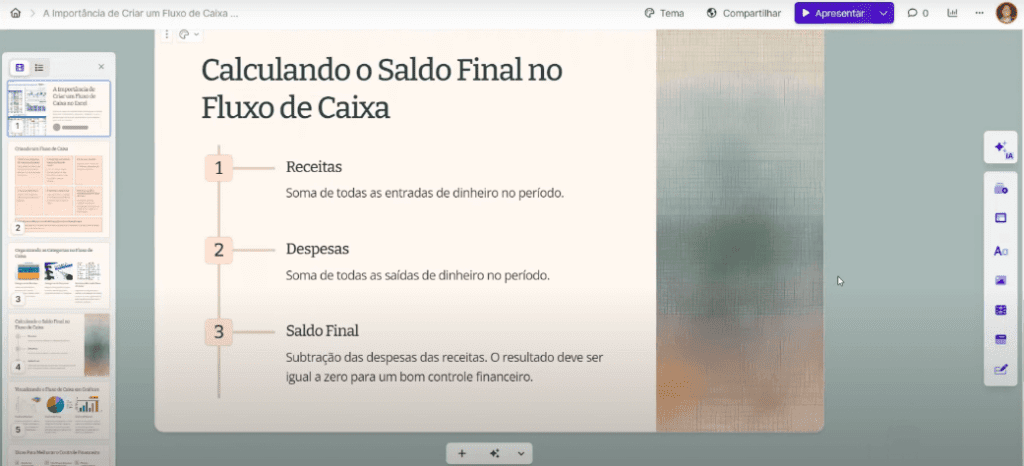 Slide de Fluxo de caixa no Excel