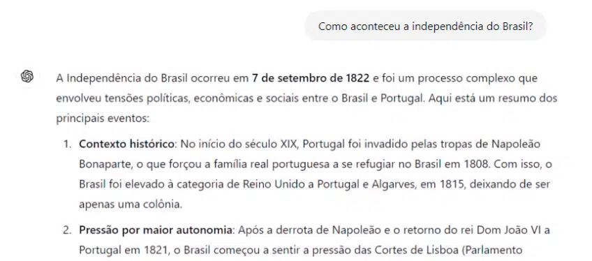 Perguntando ao ChatGPT como ocorreu a independência do Brasil