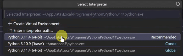 Selecionando instalação do Python
