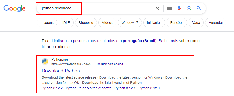 Buscando Python no Google