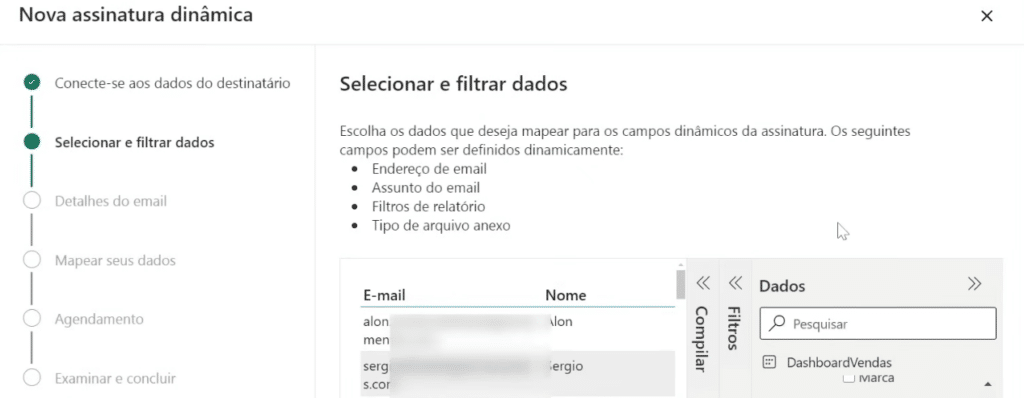 Enviar Relatórios Personalizados por E-mail com Power BI 9 adicionar a coluna de e-mails e nomes
