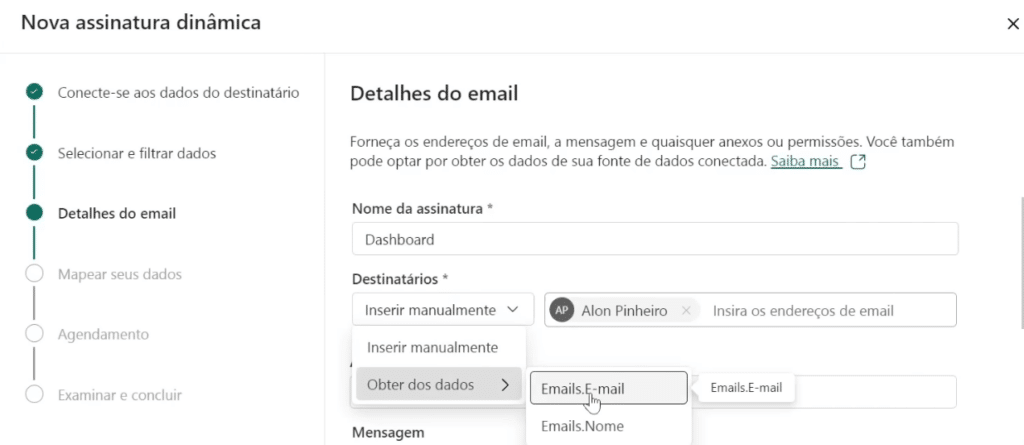 Enviar Relatórios Personalizados por E-mail com Power BI 10 definir o nome da assinatura