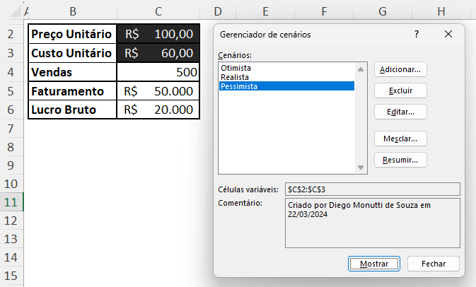 Gerenciador de Cenários alterando os dados