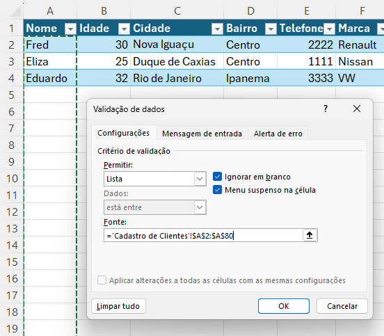 Validação de dados para os clientes